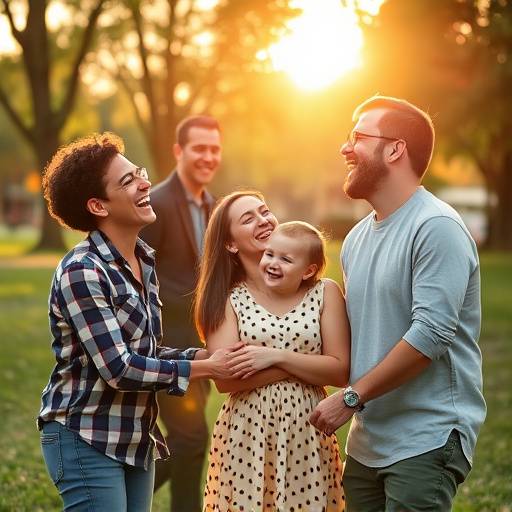 A happy family of four laughing together during a photoshoot in a park.
