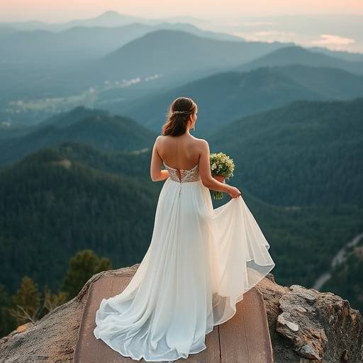 Aerial view of a bride in a flowing white dress standing on a mountaintop during her wedding.