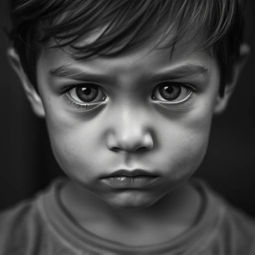 Black and white portrait of a child with a serious expression, emphasizing their eyes.