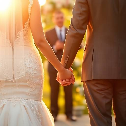Bride and groom holding hands during their wedding ceremony, bathed in golden sunlight.