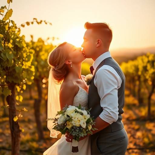 Bride and groom sharing a kiss during their wedding ceremony in a sun-drenched vineyard.