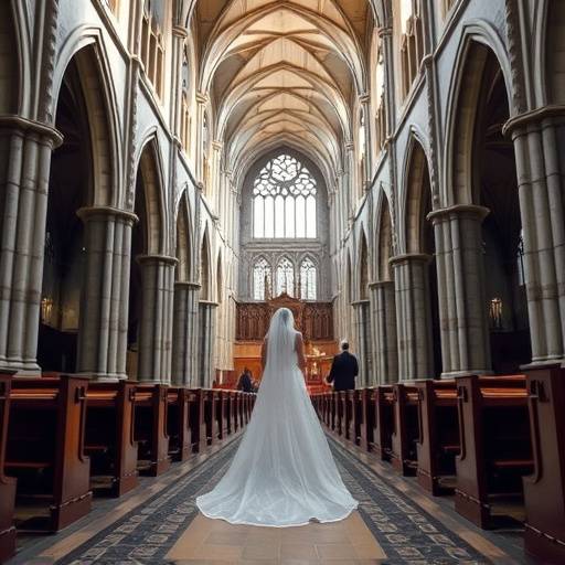 Bride walking down the aisle in a grand church with intricate architecture.