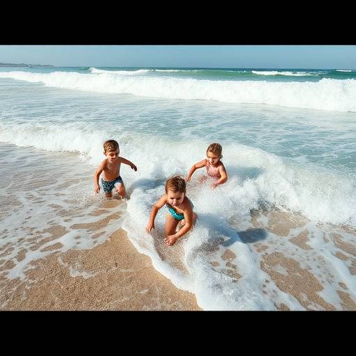 Candid photo of children playing in the waves at the beach during a family vacation.