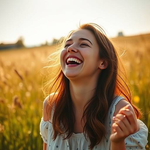 Candid portrait of a young woman laughing joyfully in a sunlit meadow.