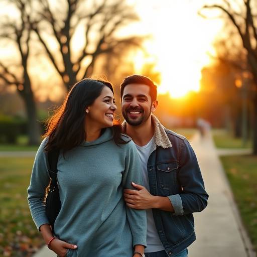 Candid shot of a couple laughing during a romantic walk in the park at sunset.