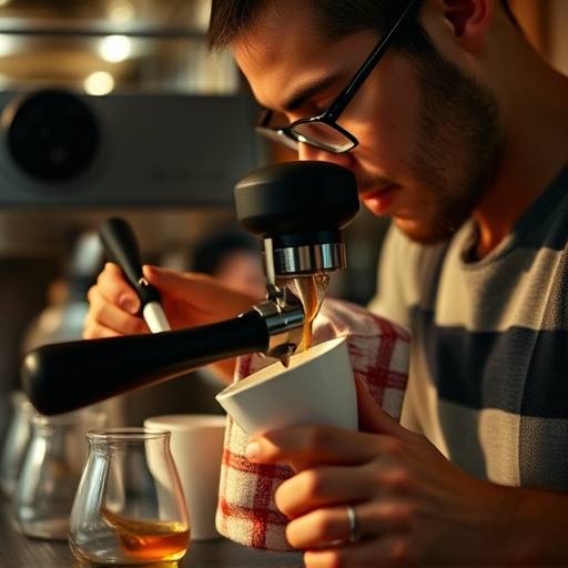 Close-up of a barista preparing coffee with artisanal equipment.