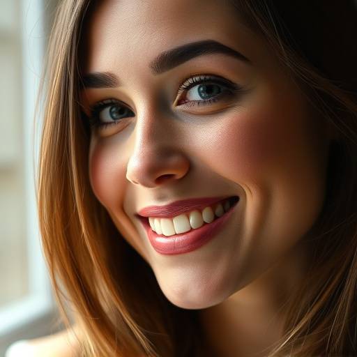 Close-up portrait of a smiling woman with soft, natural lighting.