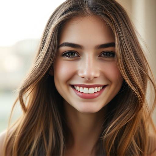 Close-up portrait of a young woman smiling warmly in natural light.