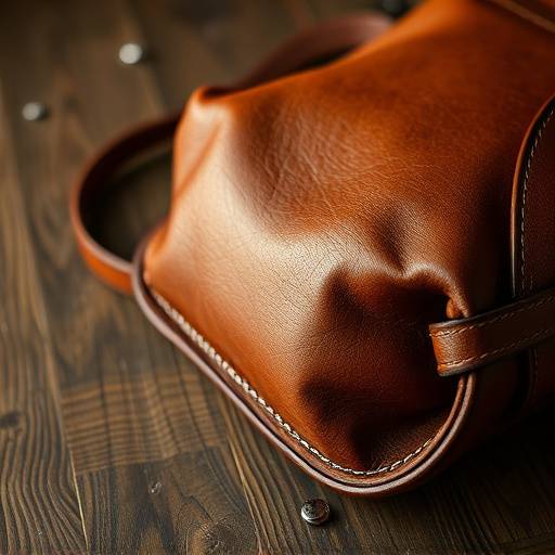 Close-up product shot of a handcrafted leather bag on a rustic wooden table.