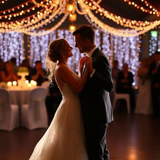 Couple sharing their first dance under twinkling fairy lights at their wedding reception.