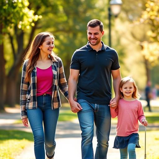 Family portrait of a mother, father, and two children holding hands in a park.