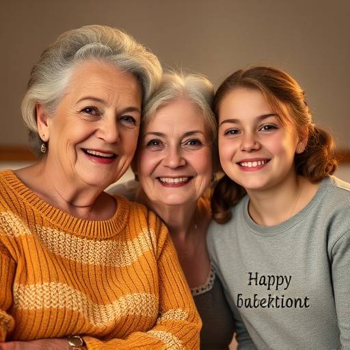 Generational family portrait of a grandmother, her daughter, and her granddaughter smiling.