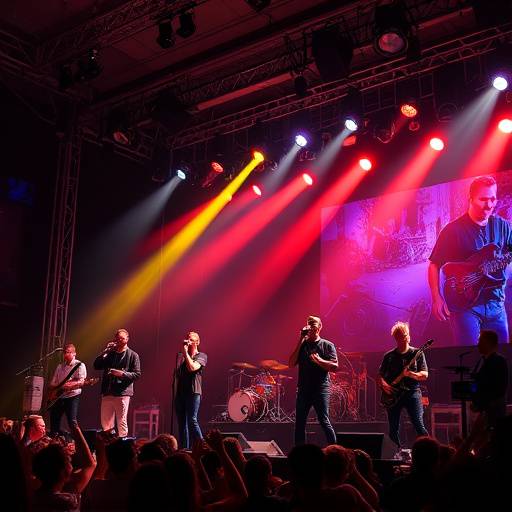 Photographer capturing a live band performing on stage at a music festival.