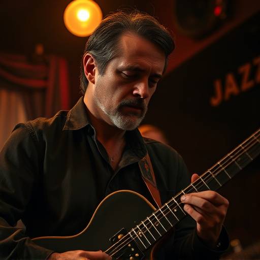 Portrait of a musician with his guitar, captured in a dimly lit jazz club.